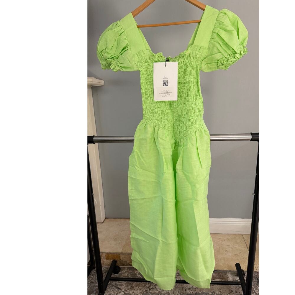 Sleeper Belle Linen Smocked Bodice Midi Dress Green XL